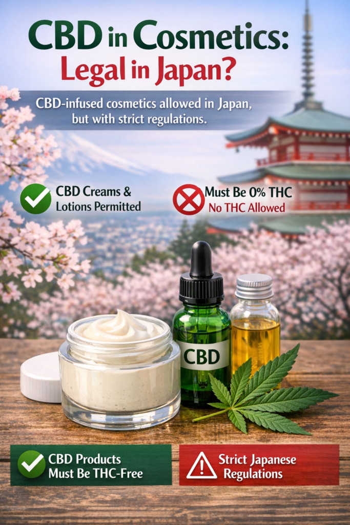 CBD cosmetic creams and oils displayed in Japan, showing legal use of THC-free CBD under strict regulations