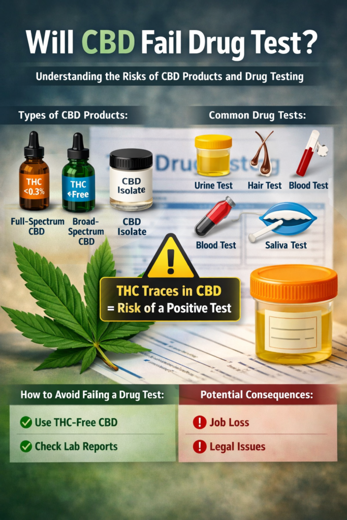Infographic explaining the risk of failing a drug test due to CBD use, highlighting different types of CBD products, common drug tests, and tips to avoid a positive test result.