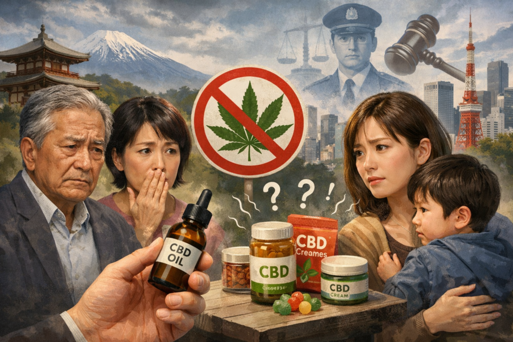 CBD products in Japan: public skepticism, cultural resistance, and cautious curiosity depicted by elderly man, woman, and mother under cannabis prohibition symbol
