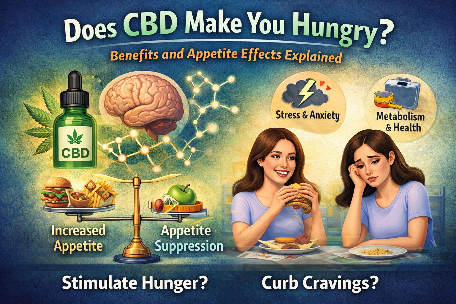 CBD effects on hunger and appetite - A visual guide to how CBD influences appetite and satiety through the endocannabinoid system.
