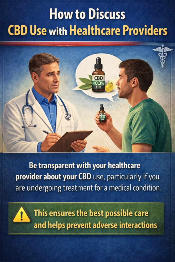 Infographic on discussing CBD use with healthcare providers, highlighting the importance of transparency about CBD use during medical treatment to ensure the best care and avoid adverse interactions