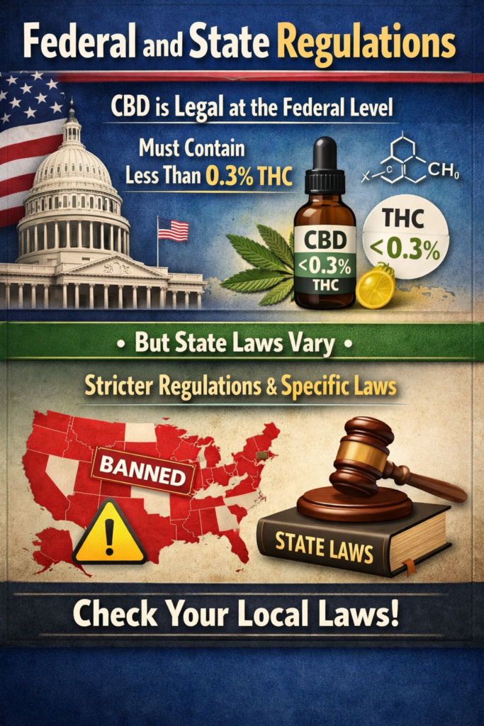 Infographic explaining federal CBD regulations (CBD < 0.3% THC) and state-specific laws, including banned regions and the importance of checking local laws