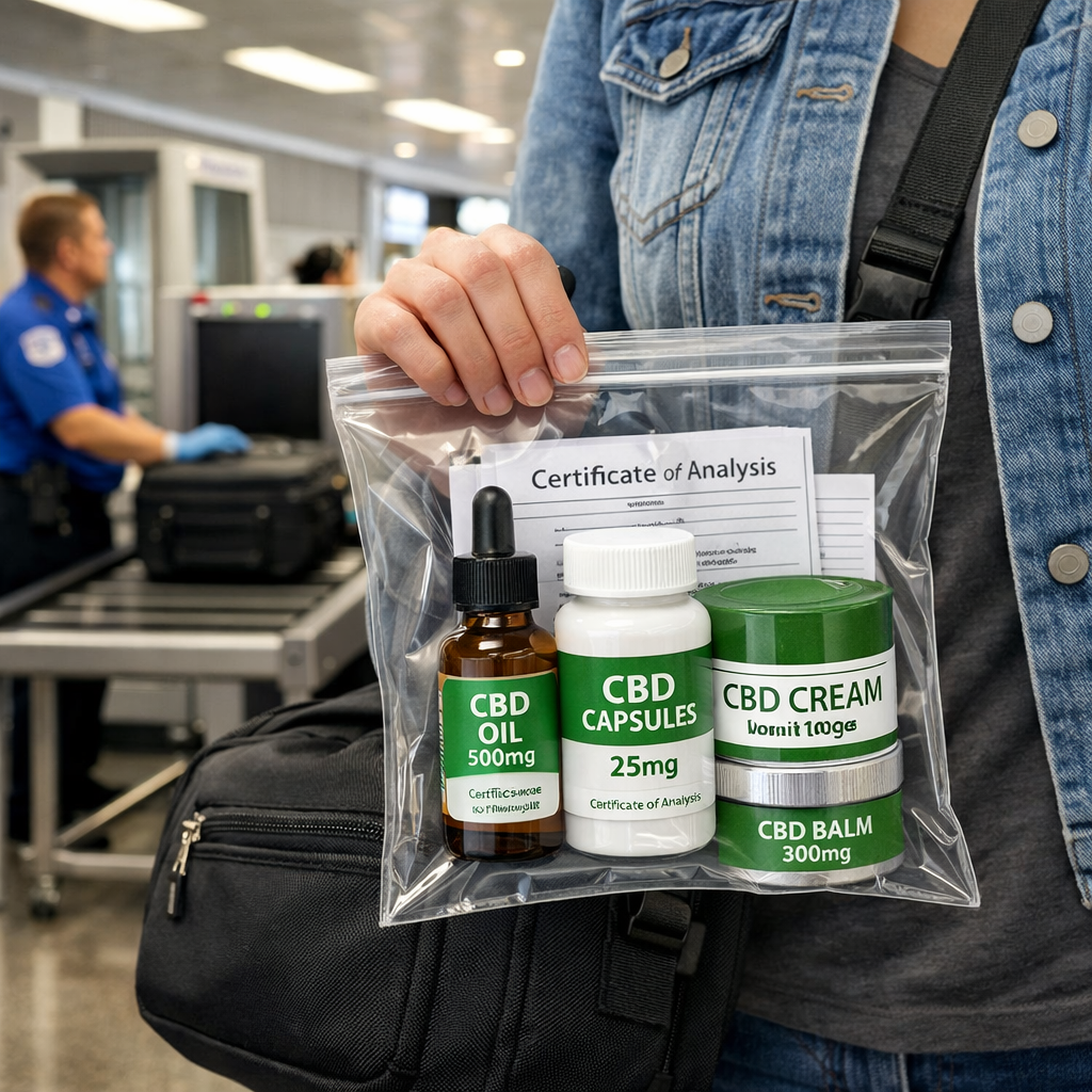 "Traveler with CBD products at airport security checkpoint, showcasing clear packaging and COA, asking 'Can you bring CBD on a plane?'"