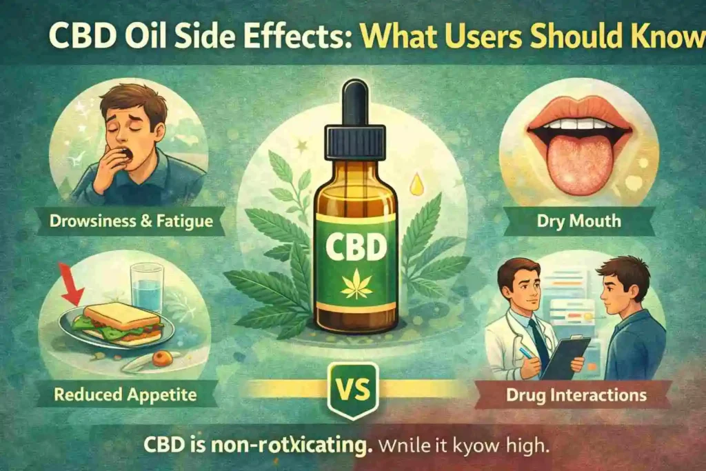 CBD oil side effects feature image showing common risks like drowsiness, dry mouth, digestive issues, and drug interactions