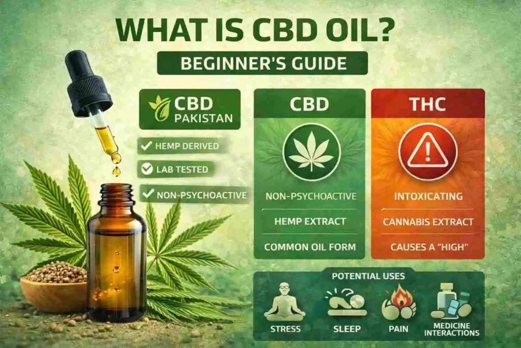 CBD vs THC comparison infographic showing non-psychoactive CBD and intoxicating THC with hemp oil bottle and Pakistan context