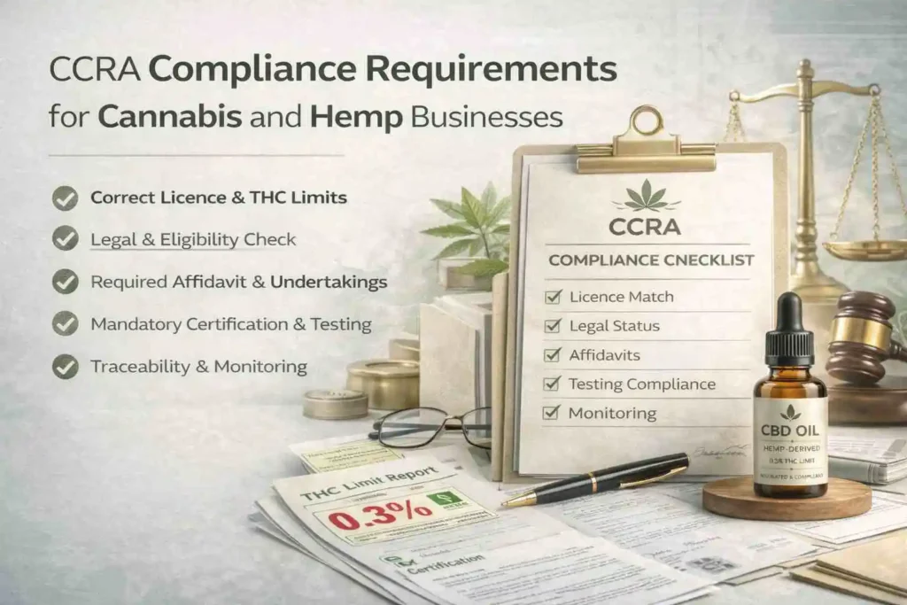 CCRA compliance requirements illustration showing THC limits legal documents testing certification checklist and CBD oil in a regulatory framework