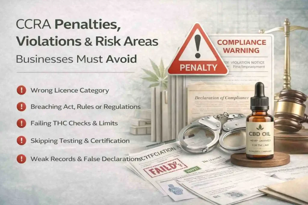 CCRA penalties and compliance violations illustration showing warning signs legal documents THC failure and CBD oil in a regulatory enforcement context