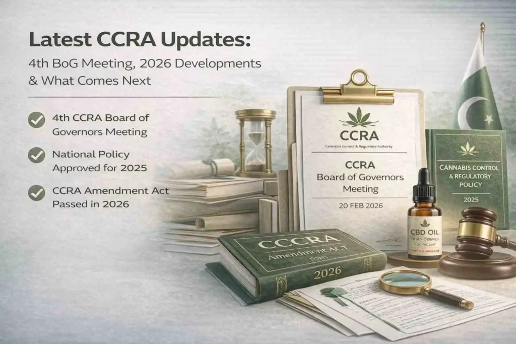CCRA updates 2026 illustration showing policy documents board meeting timeline regulatory changes and CBD oil in a legal framework context