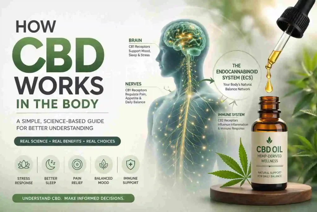 Potential benefits of CBD oil illustration showing stress relief, sleep support, pain management, and recovery with human body and CBD dropper bottle