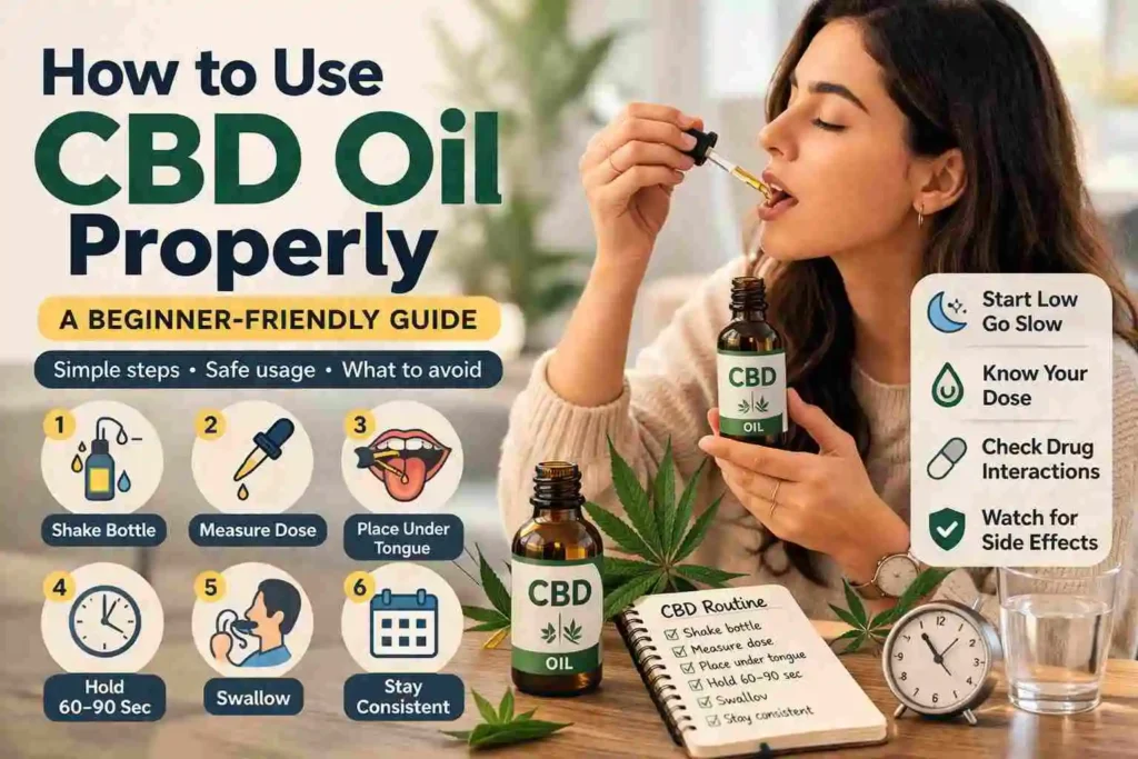Feature image for how to use CBD oil properly showing sublingual use, beginner steps, and safe CBD oil guidance