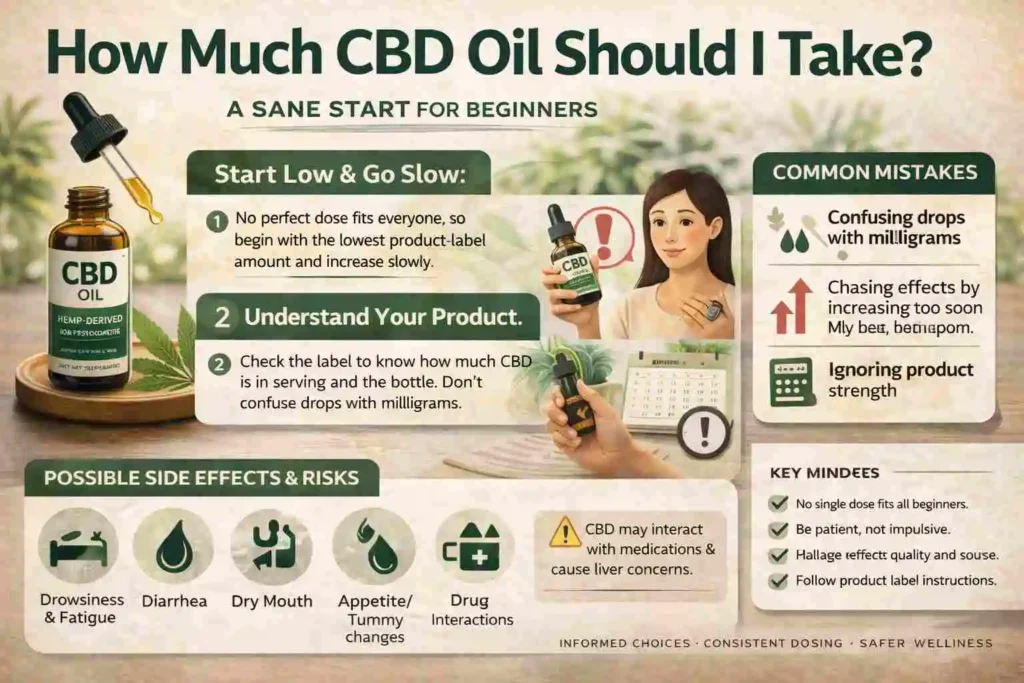 Feature image for beginner CBD oil dosage guide showing how much CBD oil to take, measured dosing, label reading, and safe use reminders