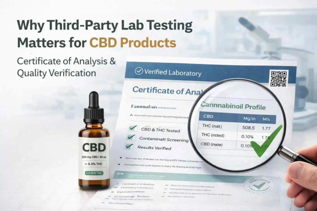 third party lab testing CBD oil illustration showing certificate of analysis cannabinoid profile and product verification process