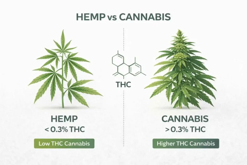 hemp vs cannabis comparison illustration showing low THC hemp and higher THC cannabis plant difference