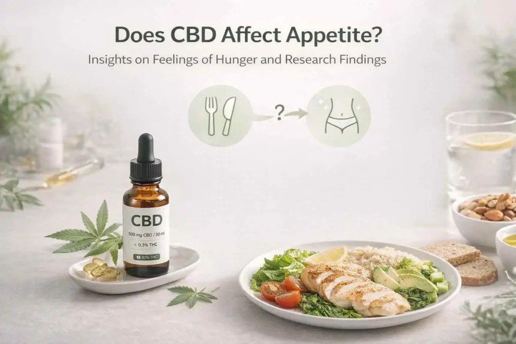 CBD oil and balanced meal illustrating appetite effects, showing comparison between hunger and satiety with a clean wellness setup