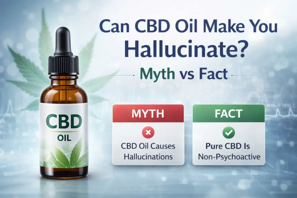 Professional feature image for an article about whether CBD oil can cause hallucinations, showing a clean CBD oil bottle with subtle hemp leaves and a calm medical-style background, designed to explain myth vs fact without any Pakistan flag or local icons.