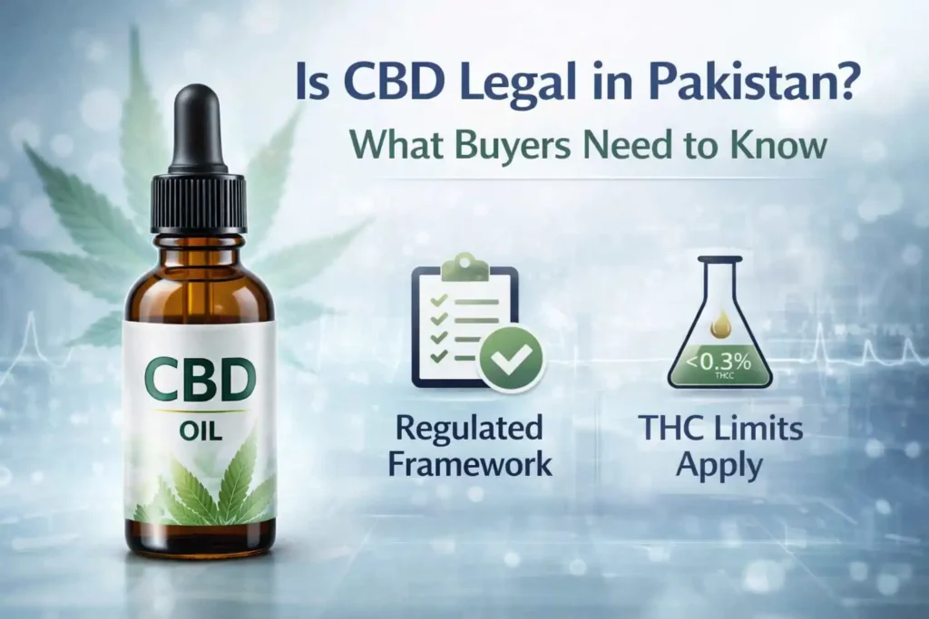 Professional CBDOILS.PK feature image about CBD legality in Pakistan, showing a premium CBD oil bottle, clean hemp elements, subtle compliance-style visuals, and a modern medical-wellness background that reflects regulation, THC limits, and buyer caution without using any flag or local icon.