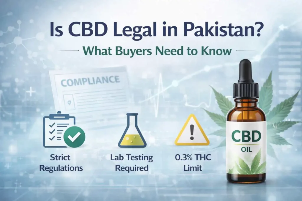 Professional feature image for a CBDOILS.PK article about CBD product quality in Pakistan, showing a premium CBD oil bottle with clean lab-testing and compliance-themed visuals, designed to reflect product verification, THC disclosure, labeling accuracy, and buyer caution without using any flag or country icon.