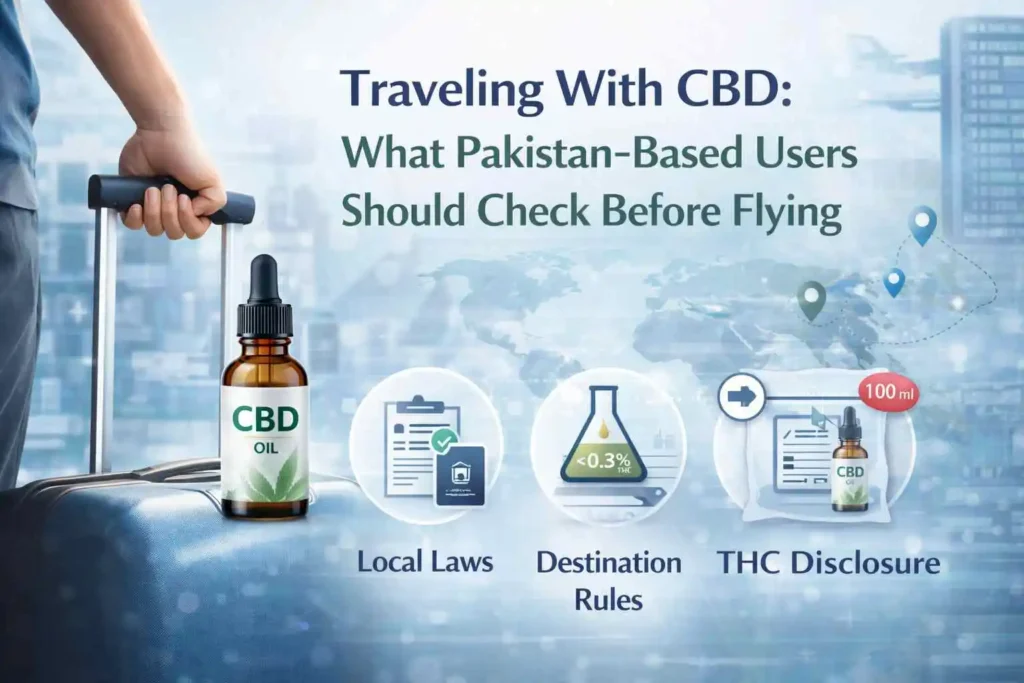 Professional feature image for a CBDOILS.PK article about flying with CBD, showing a traveler with luggage, a premium CBD oil bottle, and clean airport-compliance visuals that represent travel checks, THC disclosure, destination rules, and documentation requirements without using any flag or country icon.