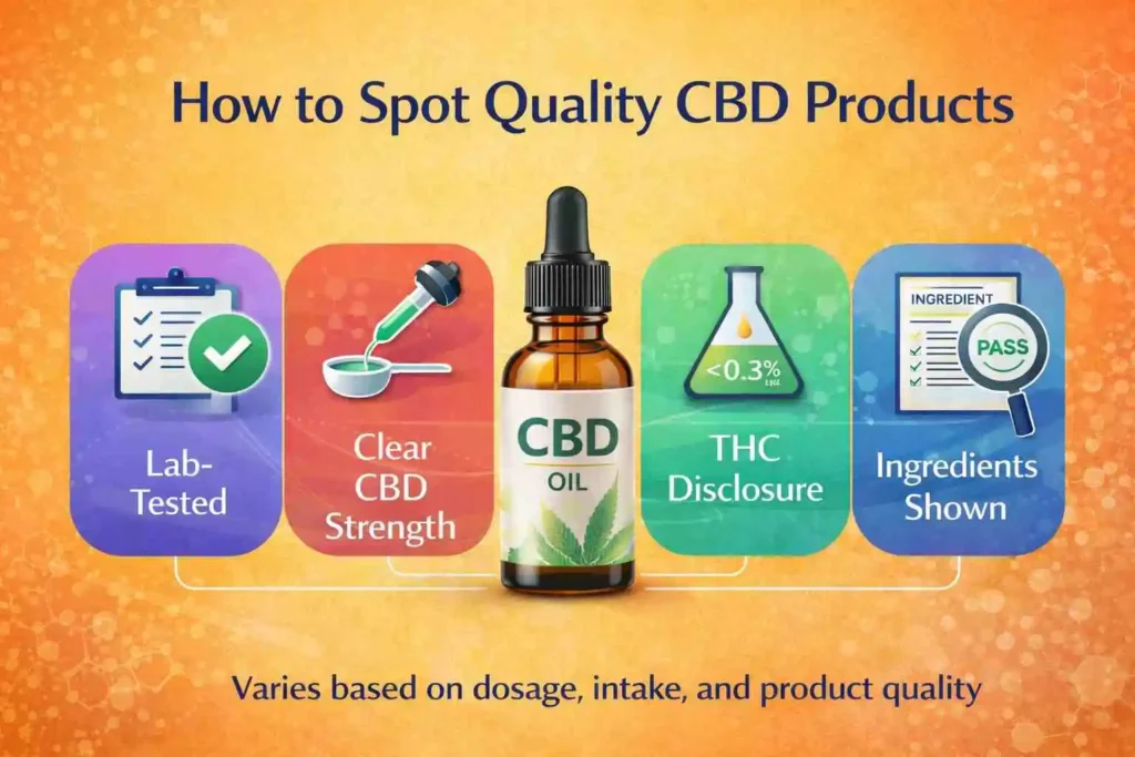 Professional feature image for a CBDOILS.PK article about CBD product quality, showing a premium CBD oil bottle with bold warm-toned visual blocks highlighting lab testing, CBD strength, THC disclosure, and ingredient transparency in a distinct style from earlier images, without using any flag or country icon.