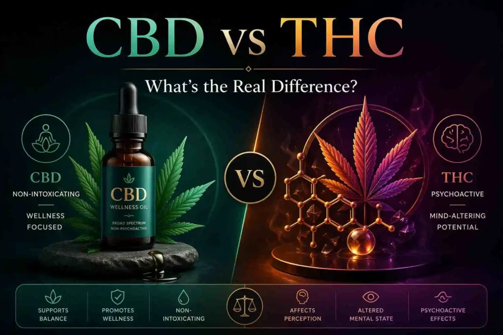CBD vs THC comparison infographic showing non-psychoactive CBD and intoxicating THC with hemp oil bottle and Pakistan context