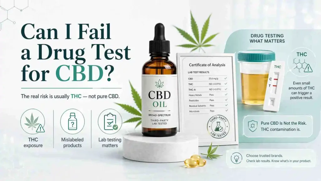 Professional feature image for a CBDOILS.PK article about failing a drug test after using CBD, showing a premium CBD oil bottle with clean lab-report, test-strip, and specimen visuals in a bright clinical style, designed to emphasize THC exposure, mislabeled products, and third-party testing without using any flag or country icon.