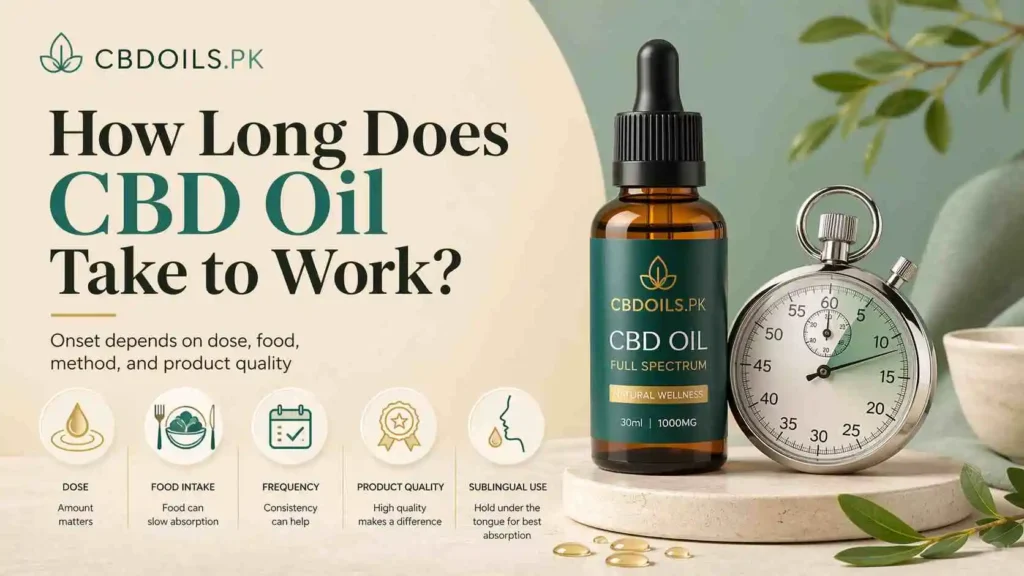 Professional feature image for a CBDOILS.PK article about how long CBD oil takes to work, showing a premium CBD oil bottle beside a stopwatch in a calm natural beige-and-green design, created to reflect onset time, dose, food intake, frequency, and product quality without using any flag or country icon.