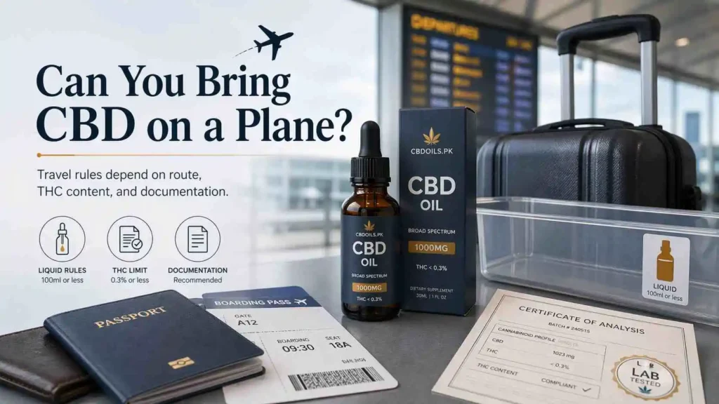 Professional feature image for a CBDOILS.PK article about flying with CBD, showing a premium CBD oil bottle with travel items such as luggage, passport, boarding pass, and compliance documents in a clean airport setting, designed to highlight THC limits, documentation, and liquid rules without using any flag or country icon.