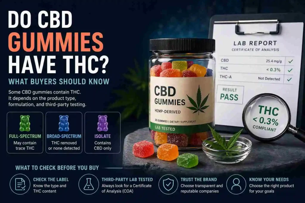Professional feature image for a CBDOILS.PK article about whether CBD gummies contain THC, showing premium CBD gummies with clean product-label and lab-testing visuals in a distinct style, designed to highlight full-spectrum, broad-spectrum, isolate options, and THC awareness without using any flag or country icon.