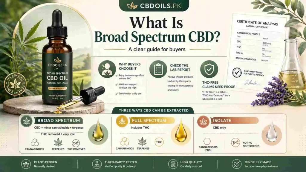Professional feature image for a CBDOILS.PK article about broad-spectrum CBD, showing a premium CBD oil bottle, a lab report, and a comparison section for broad-spectrum, full-spectrum, and isolate extracts in a clean educational infographic style, designed to explain THC-removed formulas, third-party testing, and buyer guidance without using any flag or country icon.