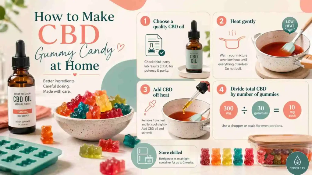 Professional feature image for a CBDOILS.PK article about making CBD gummy candy at home, showing colorful homemade gummy bears, a premium CBD oil bottle, silicone molds, and a clean step-by-step recipe layout focused on gentle heating, accurate dosing, and proper storage in a bright kitchen-style infographic design.