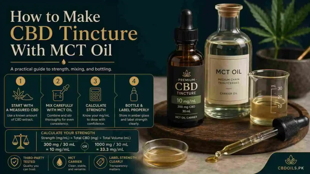 Professional feature image for a CBDOILS.PK article about making CBD tincture with MCT oil, showing a premium CBD dropper bottle, clean mixing visuals, and a polished DIY formulation layout designed to highlight strength calculation, MCT oil use, accurate dosing, and proper bottling in a distinct style without using any flag or country icon.
