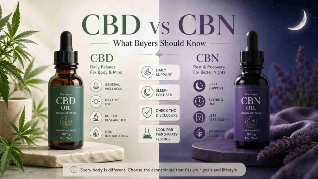 Professional feature image for a CBDOILS.PK article comparing CBN vs CBD, showing a premium side-by-side cannabinoid comparison in distinct teal and deep-indigo tones, designed to highlight daily wellness versus sleep-focused use, research differences, and the importance of clear labeling and THC disclosure without using any flag or country icon.