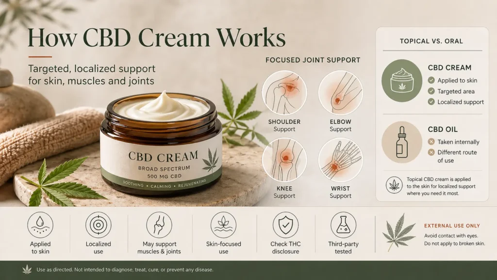 Minimal editorial-style feature image showing an open jar of CBD cream, soft botanical details, and a localized skin-application concept that explains topical CBD as an external-use product for targeted areas such as muscles, joints, and skin rather than an ingestible CBD format.