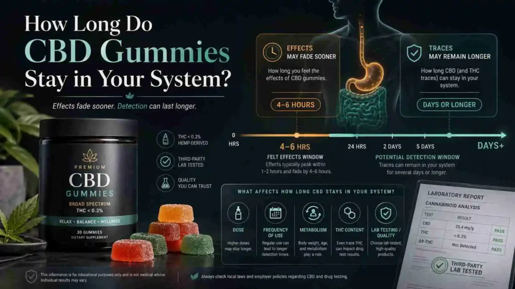 Dark infographic-style CBD image showing a jar of CBD gummies, a body outline with the digestive system, and a timeline explaining that gummy effects wear off sooner while traces may remain in the body for days or longer, with key factors like dose, frequency, metabolism, THC content, and lab testing.