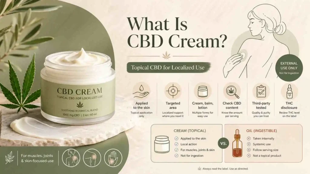 Clean wellness-style feature image showing an open jar of CBD cream, soft botanical elements, and a simple topical-use comparison layout that explains CBD cream as a skin-applied product for targeted areas rather than an ingestible CBD oil.