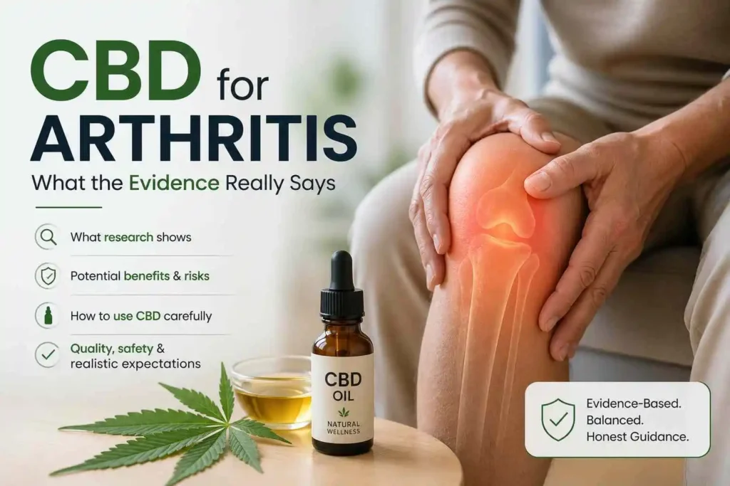 Person holding knee joint with highlighted pain area and CBD oil bottle representing arthritis relief concept