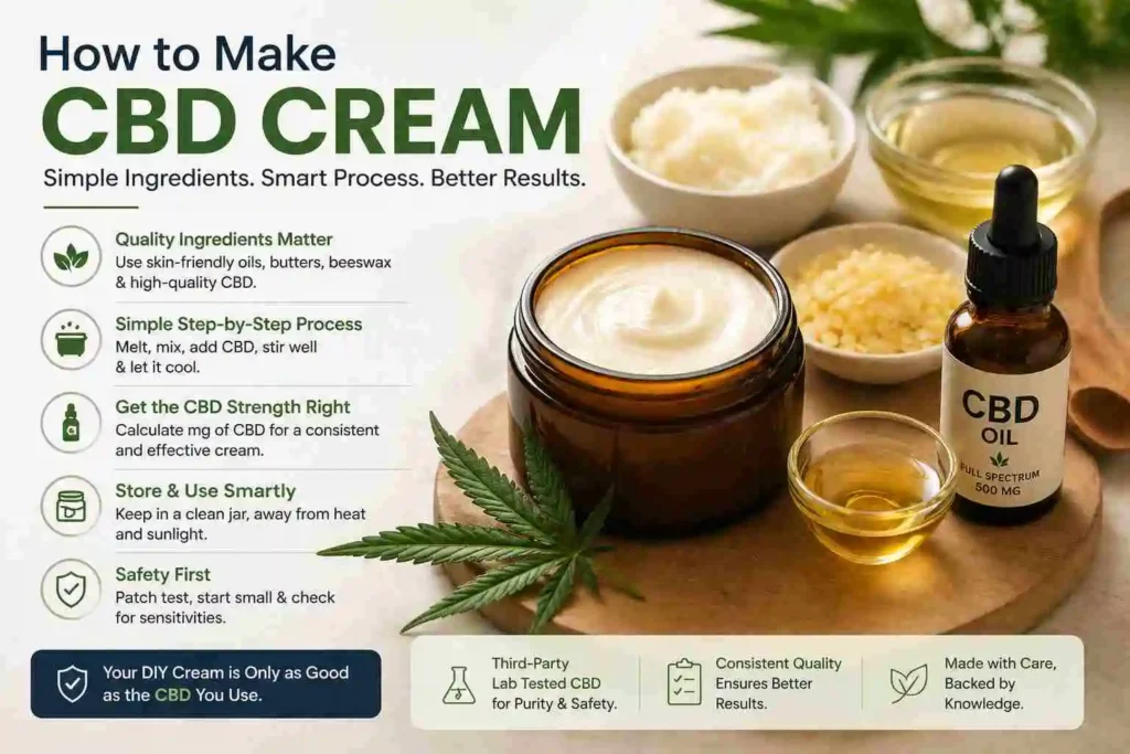 Homemade CBD cream jar with CBD oil, beeswax, and natural ingredients showing DIY preparation process