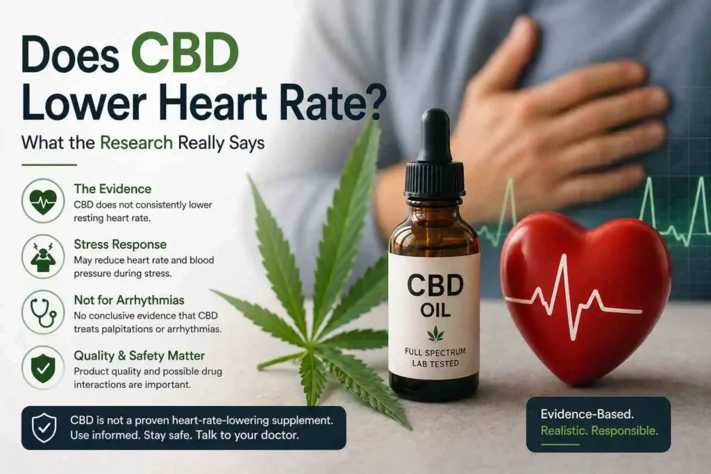 CBD oil bottle with heart rate monitor line and person holding chest representing cardiovascular effects of CBD