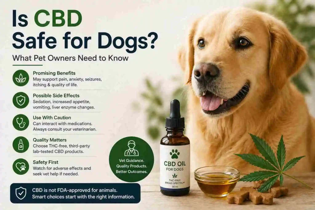 Dog with CBD oil bottle and treats representing CBD safety, side effects, and pet care considerations