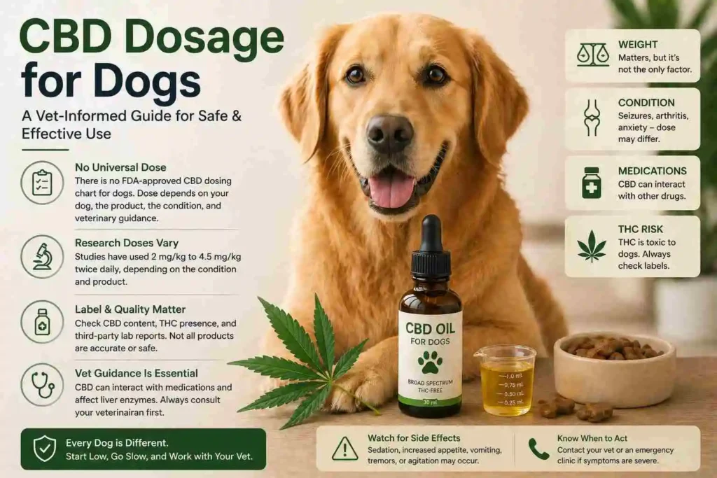 Dog with CBD oil bottle and measuring dropper illustrating CBD dosage, safety, and pet care considerations