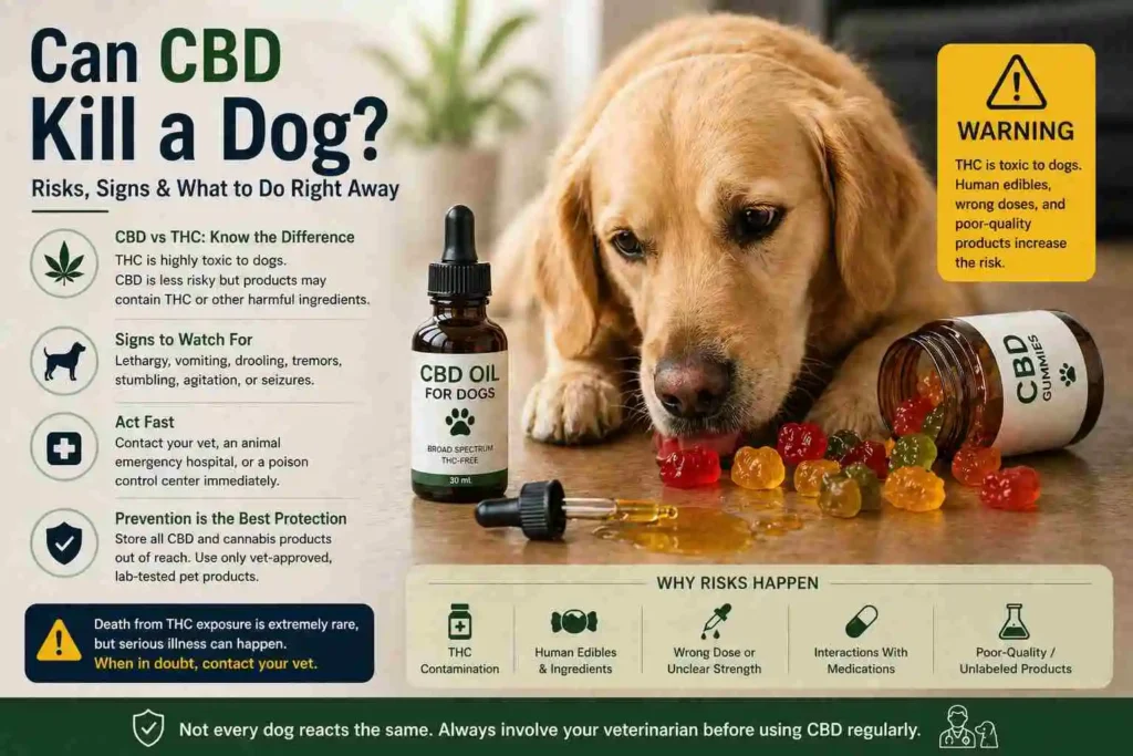 Dog licking spilled CBD oil and gummies with warning sign representing cannabis toxicity risk and emergency symptoms in pets