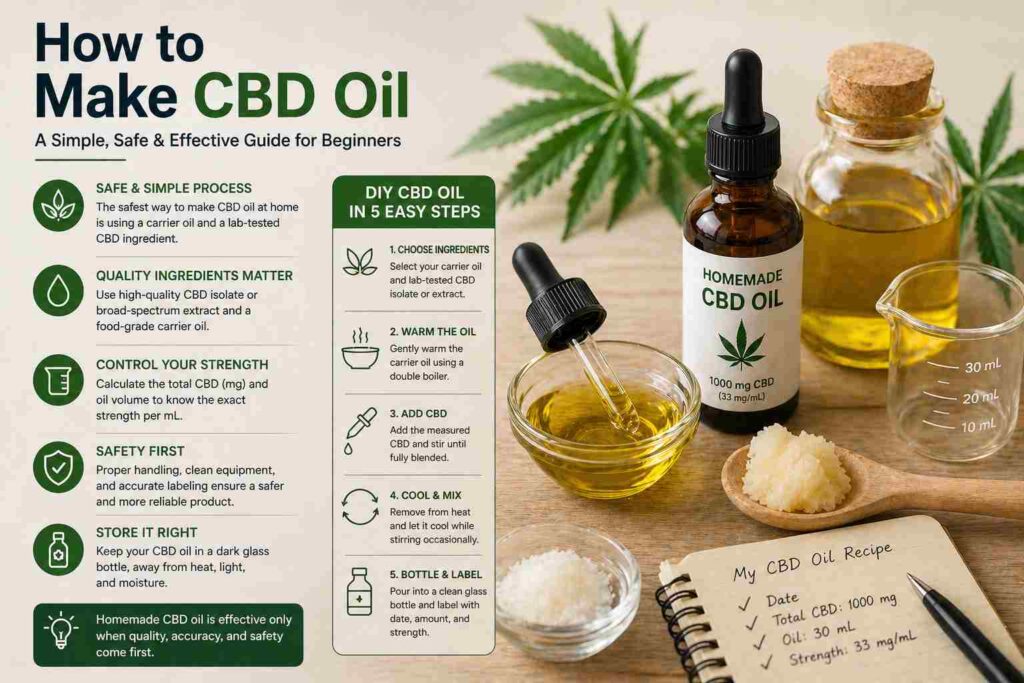 Homemade CBD oil setup with carrier oil, CBD isolate, dropper, and measuring tools showing safe DIY preparation