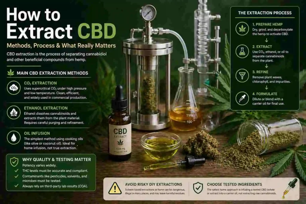 CBD extraction equipment with hemp material and oil illustrating CO2, ethanol, and infusion extraction methods