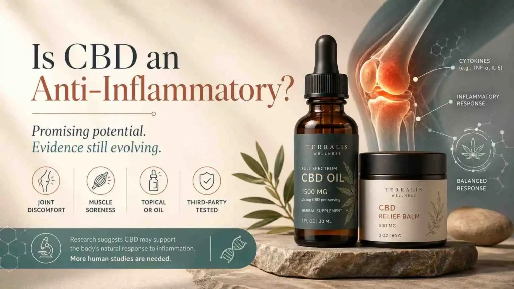 Refined wellness-style feature image showing a CBD oil bottle and CBD relief balm beside a highlighted joint illustration, designed to present CBD as a promising but not fully proven option for inflammation-related discomfort, with emphasis on research still evolving, third-party testing, and realistic expectations.