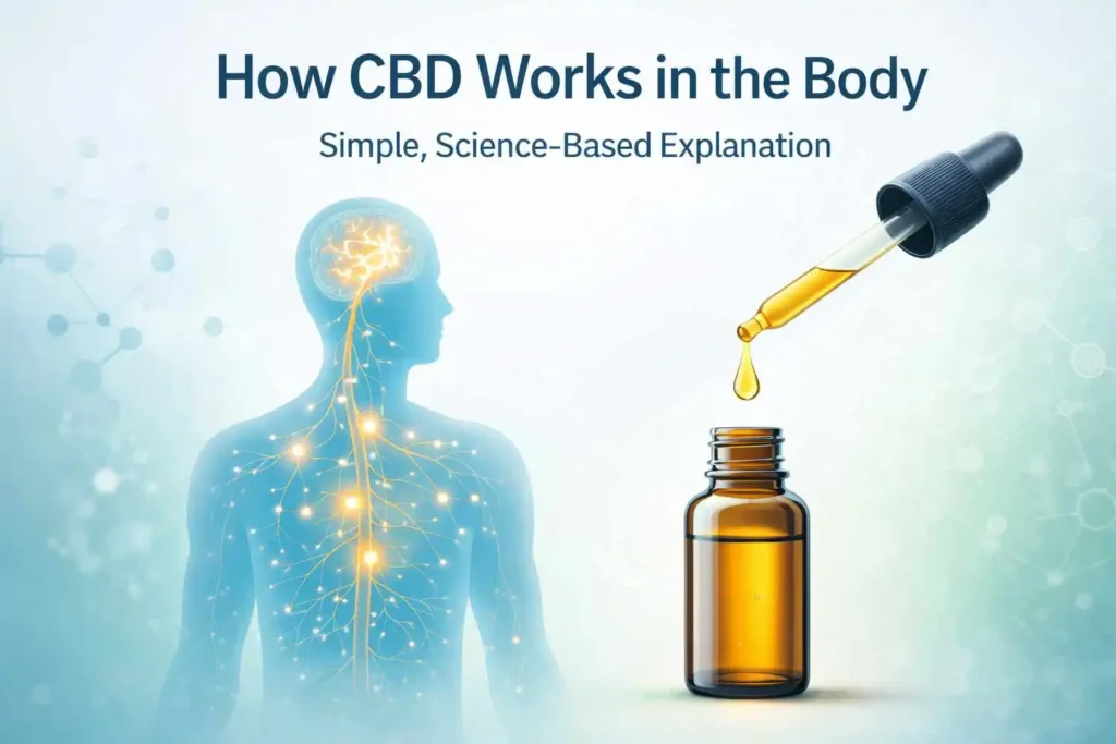 How CBD oil works in the body illustration showing the endocannabinoid system, brain, nervous system, and CBD dropper bottle