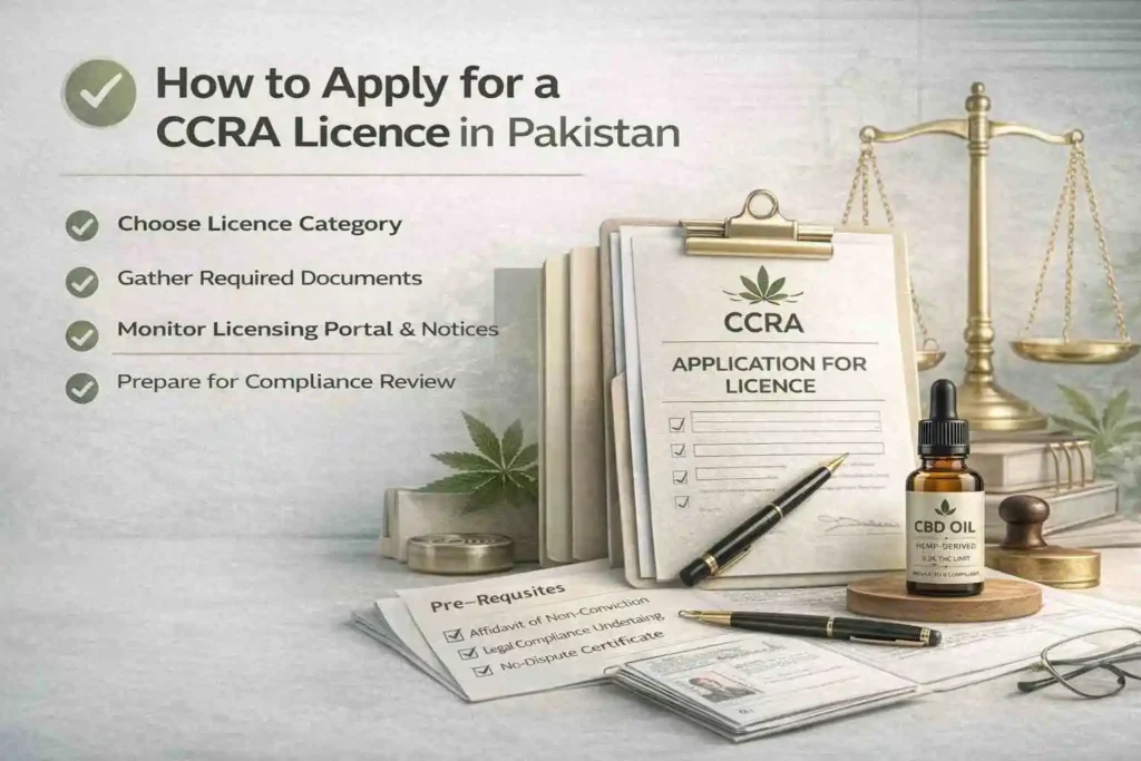 CCRA licence application process illustration showing documents checklist compliance steps CBD oil bottle and legal approval concept