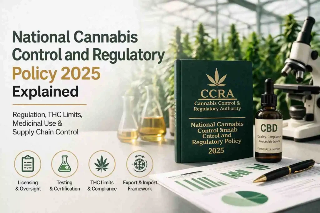 National cannabis policy 2025 infographic showing supply chain from cultivation to distribution with THC limit testing and regulatory oversight