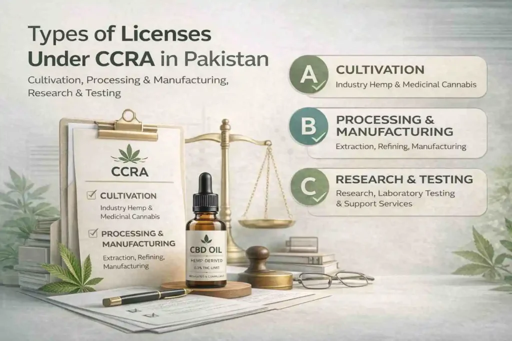 CCRA license types illustration showing cultivation processing manufacturing and research categories with CBD oil and compliance elements