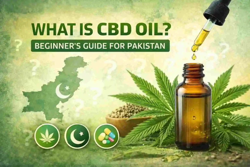 CBD oil dropper bottle with hemp leaves and Pakistan map illustration representing beginner guide to CBD oil in Pakistan